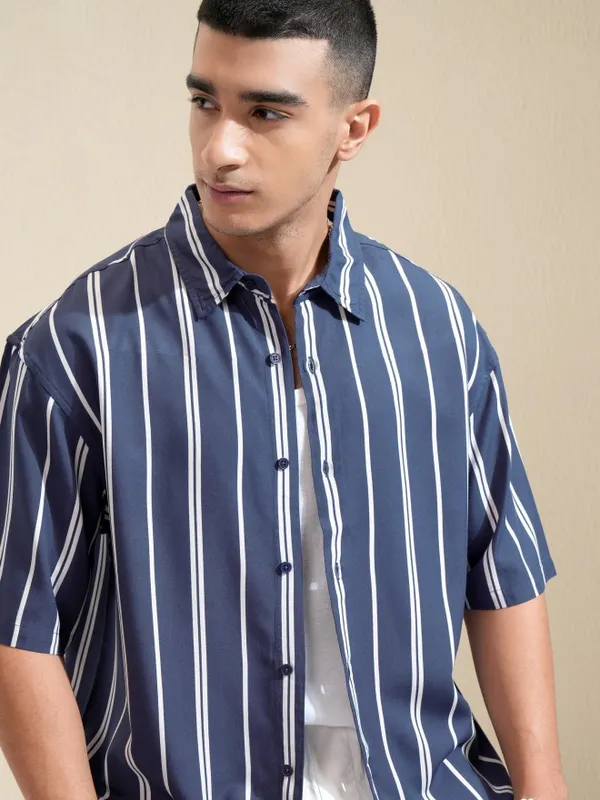 Highlander Men Blue Striped Oversized Fit Casual Shirt