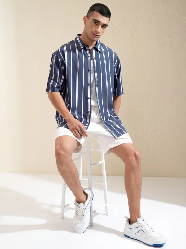 Highlander Men Blue Striped Oversized Fit Casual Shirt