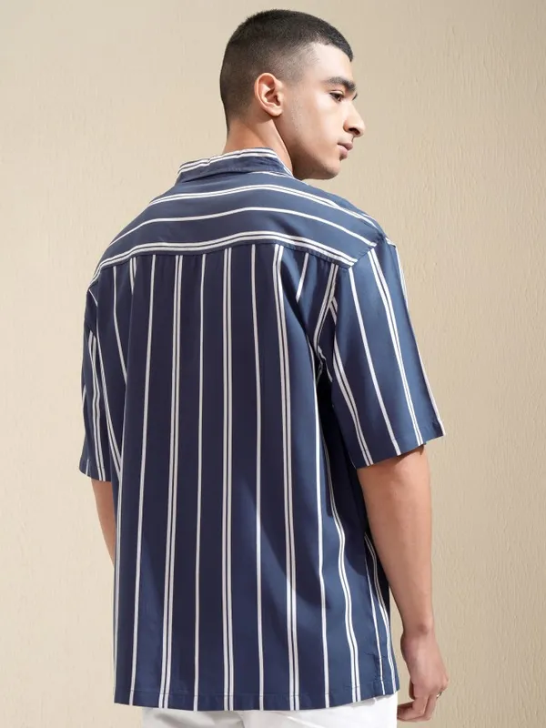 Highlander Men Blue Striped Oversized Fit Casual Shirt