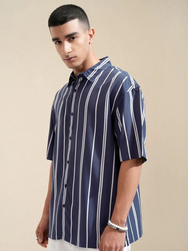 Highlander Men Blue Striped Oversized Fit Casual Shirt