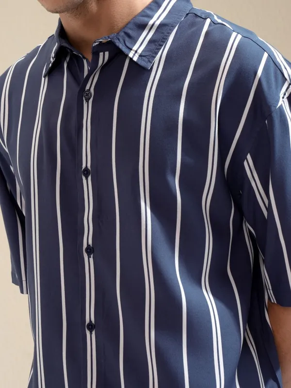 Highlander Men Blue Striped Oversized Fit Casual Shirt