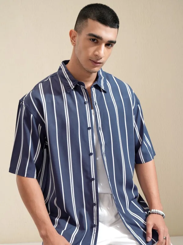 Highlander Men Blue Striped Oversized Fit Casual Shirt