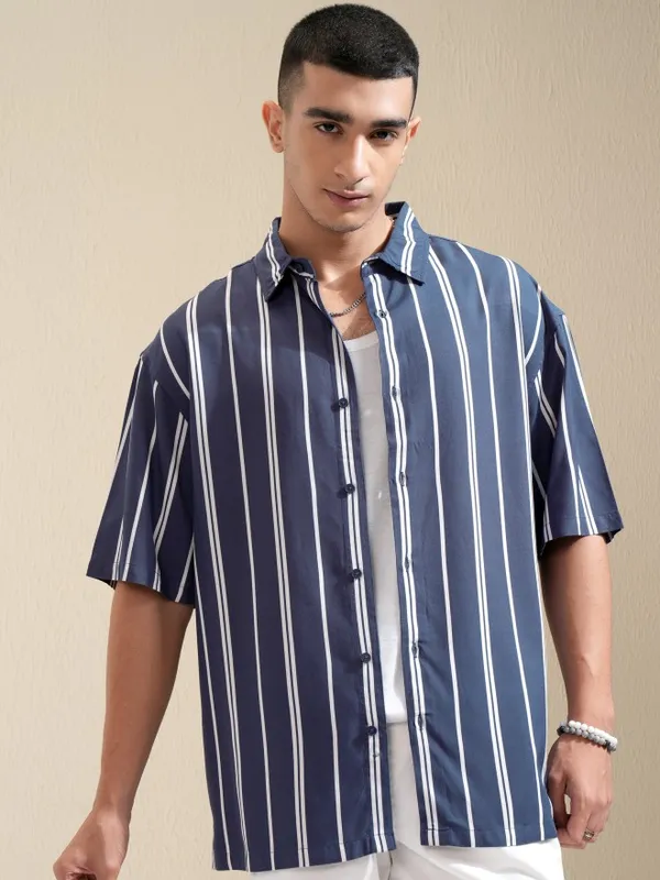 Highlander Men Blue Striped Oversized Fit Casual Shirt