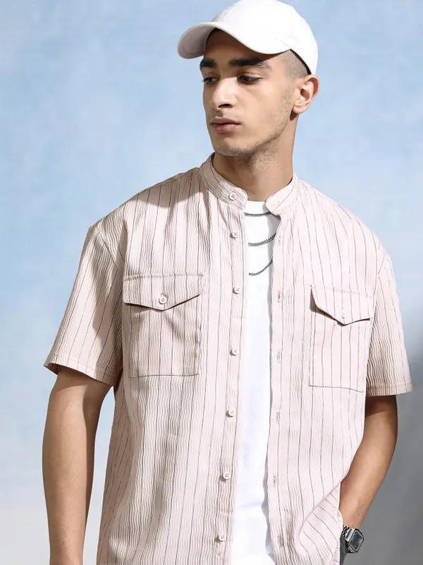 Highlander Men Peach Striped Relaxed Fit Casual Shirt