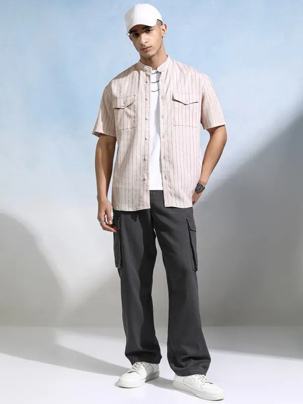 Highlander Men Peach Striped Relaxed Fit Casual Shirt