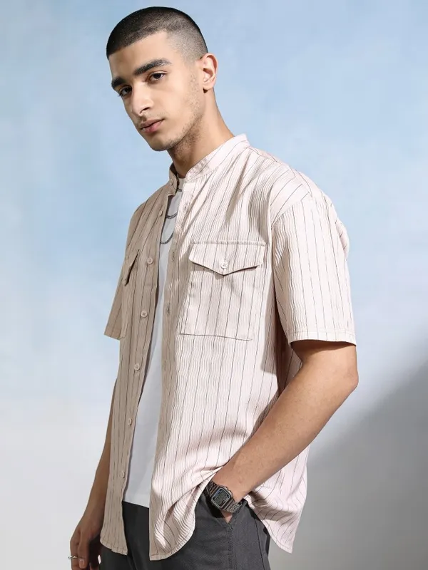 Highlander Men Peach Striped Relaxed Fit Casual Shirt