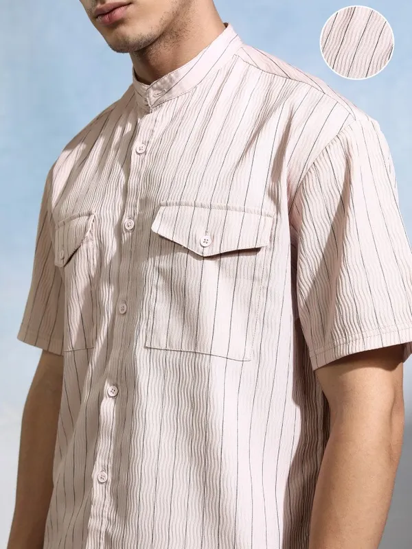 Highlander Men Peach Striped Relaxed Fit Casual Shirt