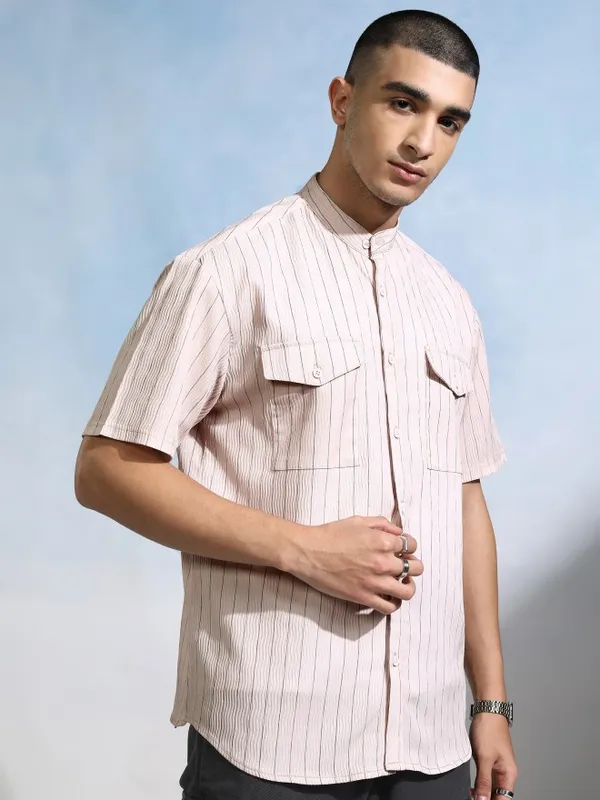 Highlander Men Peach Striped Relaxed Fit Casual Shirt