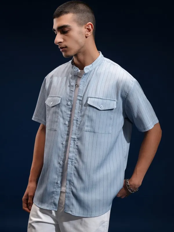 Highlander Men Blue Striped Relaxed Fit Casual Shirt