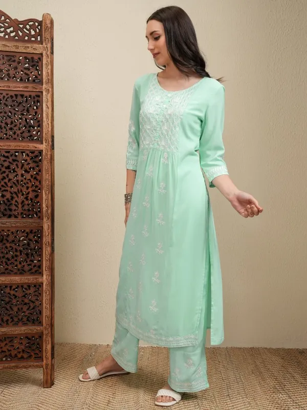 Vishudh Women Green Embroidered Kurta With Trousers And Dupatta
