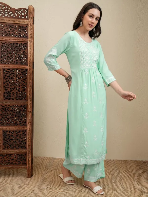 Vishudh Women Green Embroidered Kurta With Trousers And Dupatta