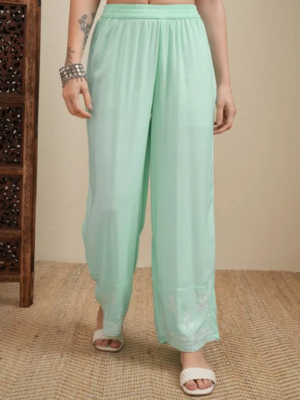 Vishudh Women Green Embroidered Kurta With Trousers And Dupatta