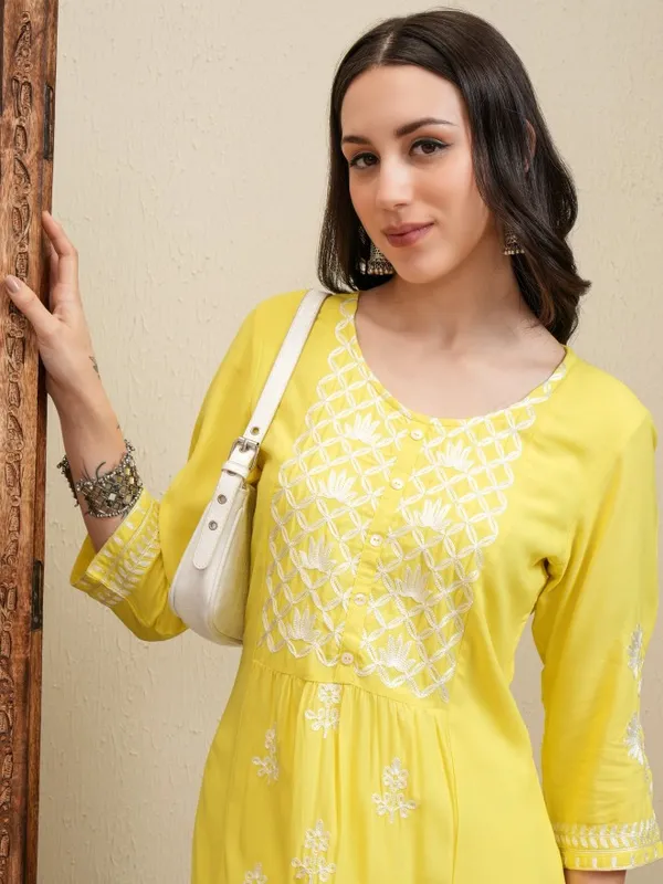 Vishudh Women Yellow Embroidered Kurta With Trousers And Dupatta