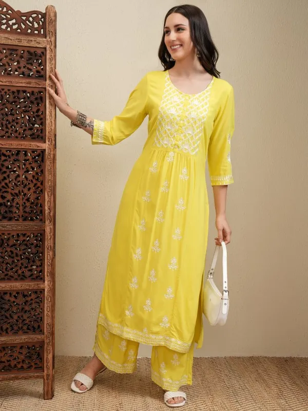 Vishudh Women Yellow Embroidered Kurta With Trousers And Dupatta