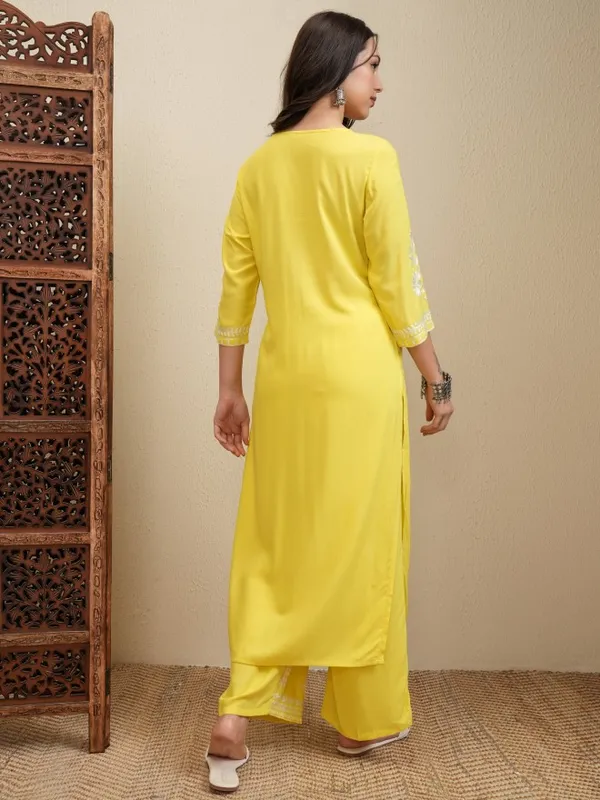 Vishudh Women Yellow Embroidered Kurta With Trousers And Dupatta