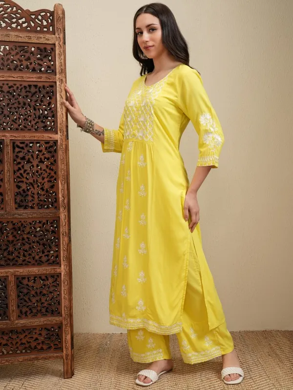 Vishudh Women Yellow Embroidered Kurta With Trousers And Dupatta