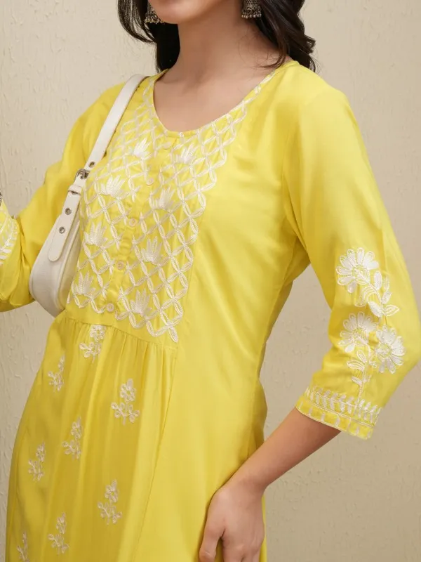 Vishudh Women Yellow Embroidered Kurta With Trousers And Dupatta