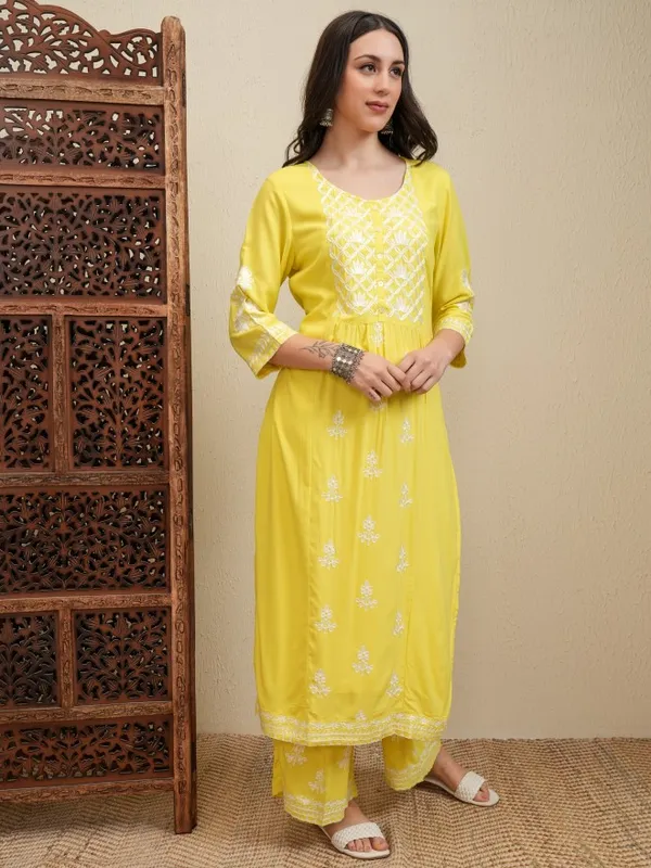 Vishudh Women Yellow Embroidered Kurta With Trousers And Dupatta