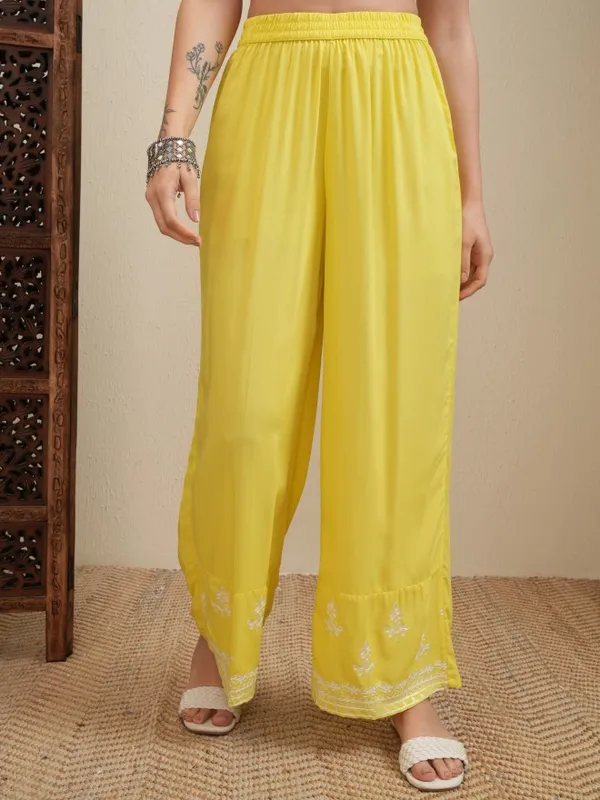 Vishudh Women Yellow Embroidered Kurta With Trousers And Dupatta