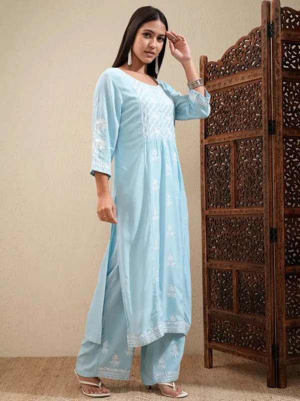 Vishudh Women Blue Embroidered Straight Kurta And Palazzo Set