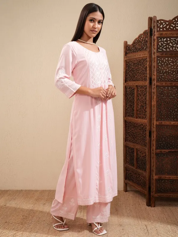 Vishudh Women Pink Embroidered Kurta With Palazzo