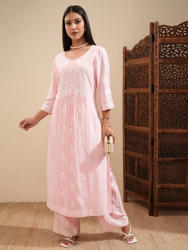 Vishudh Women Pink Embroidered Kurta With Palazzo