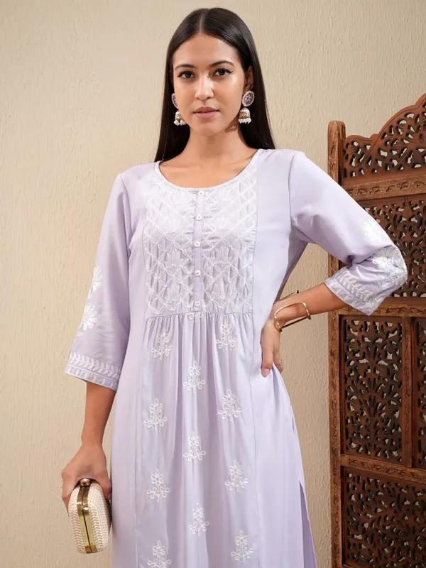 Vishudh Women Laveder Embroidered Straight Kurta And Palazzo Set