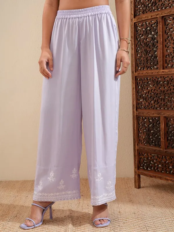 Vishudh Women Laveder Embroidered Straight Kurta And Palazzo Set