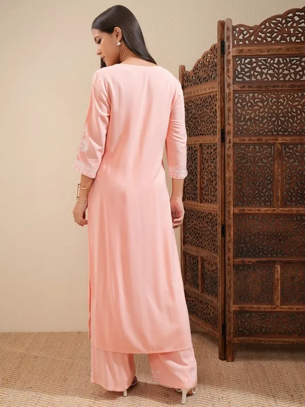 Vishudh Women Peach Embroidered Straight Kurta And Palazzo Set