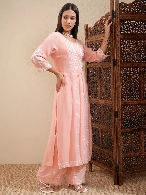 Vishudh Women Peach Embroidered Straight Kurta And Palazzo Set