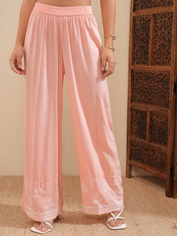 Vishudh Women Peach Embroidered Straight Kurta And Palazzo Set