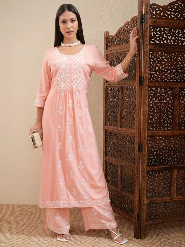 Vishudh Women Peach Embroidered Kurta With Palazzo