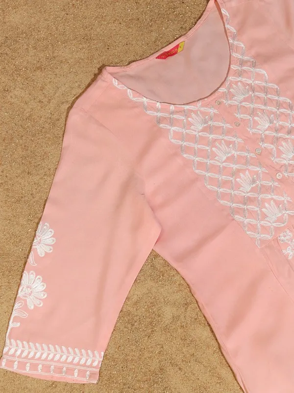 Vishudh Women Peach Embroidered Kurta With Palazzo