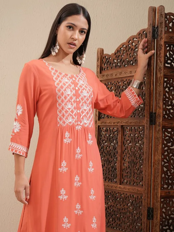 Vishudh Women Orange Embroidered Kurta With Palazzo