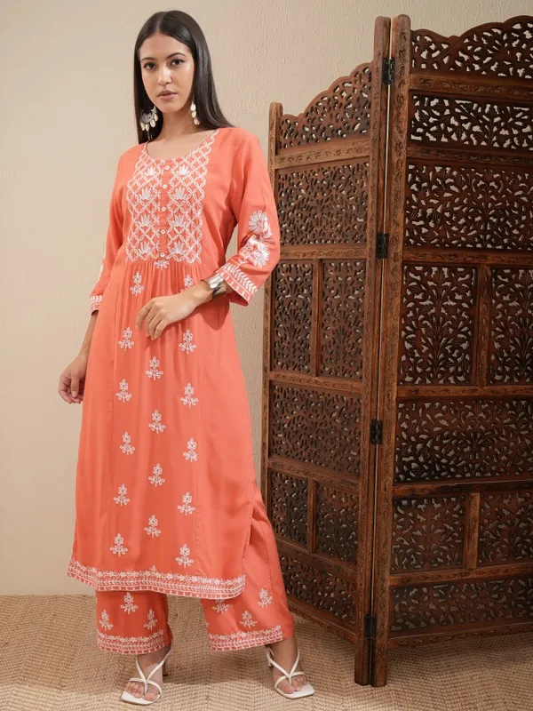 Vishudh Women Orange Embroidered Kurta With Palazzo