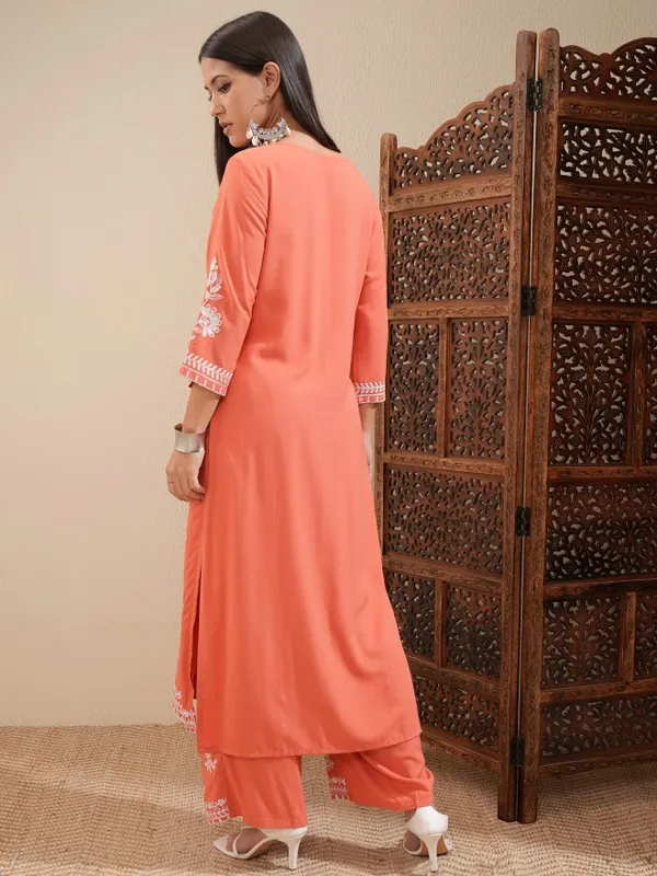Vishudh Women Orange Embroidered Kurta With Palazzo