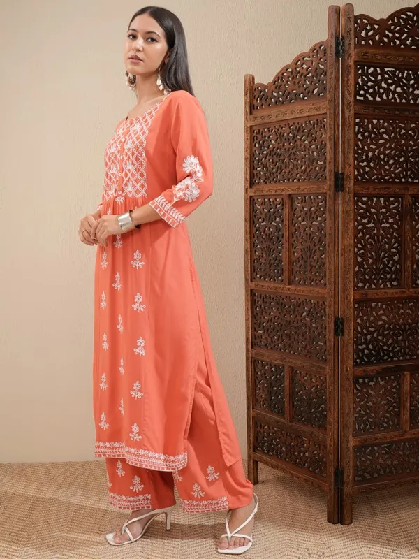 Vishudh Women Orange Embroidered Kurta With Palazzo
