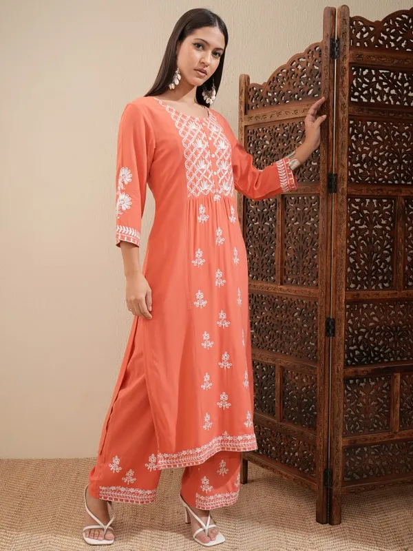 Vishudh Women Orange Embroidered Kurta With Palazzo