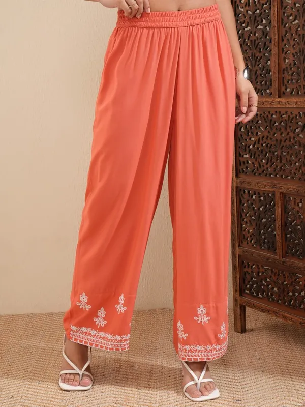 Vishudh Women Orange Embroidered Kurta With Palazzo