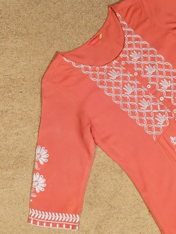 Vishudh Women Orange Embroidered Kurta With Palazzo