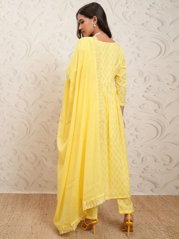Vishudh Women Yellow Printed Gathered Kurta With Pants And Dupatta