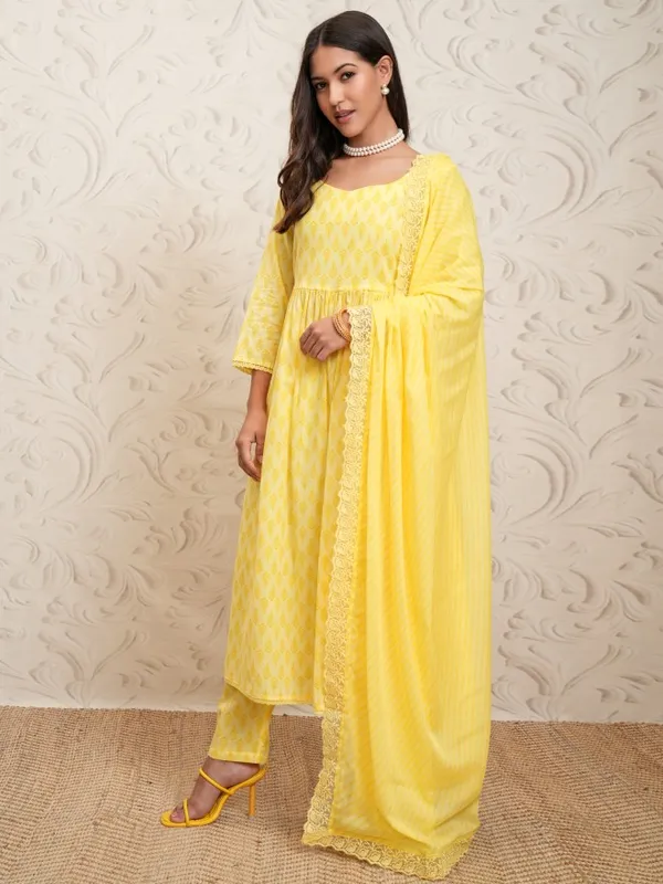 Vishudh Women Yellow Printed Gathered Kurta With Pants And Dupatta