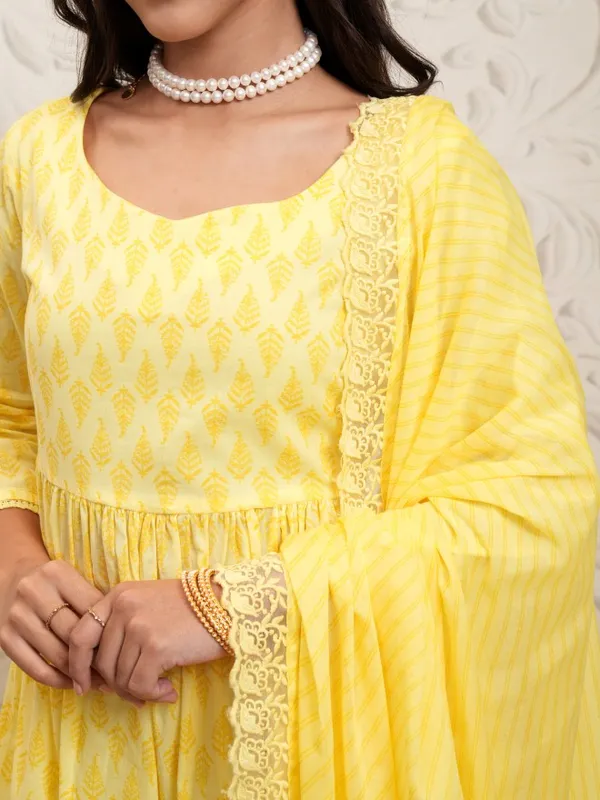 Vishudh Women Yellow Printed Gathered Kurta With Pants And Dupatta