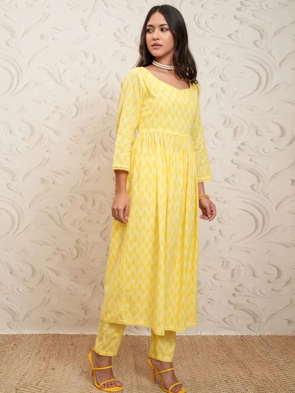 Vishudh Women Yellow Printed Gathered Kurta With Pants And Dupatta