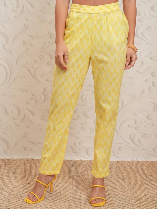 Vishudh Women Yellow Printed Gathered Kurta With Pants And Dupatta