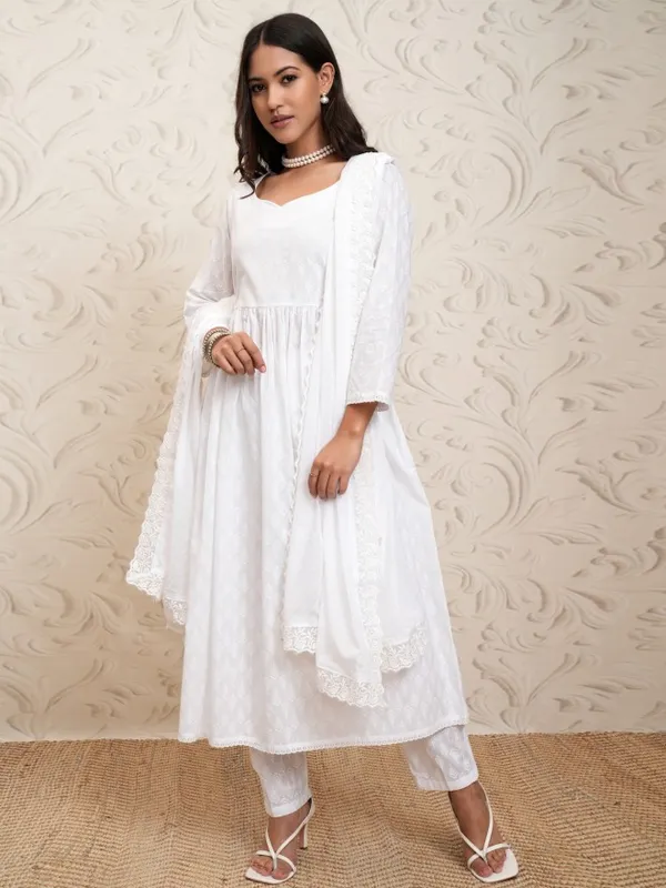 Vishudh Women White Printed Gathered Kurta With Pants And Dupatta