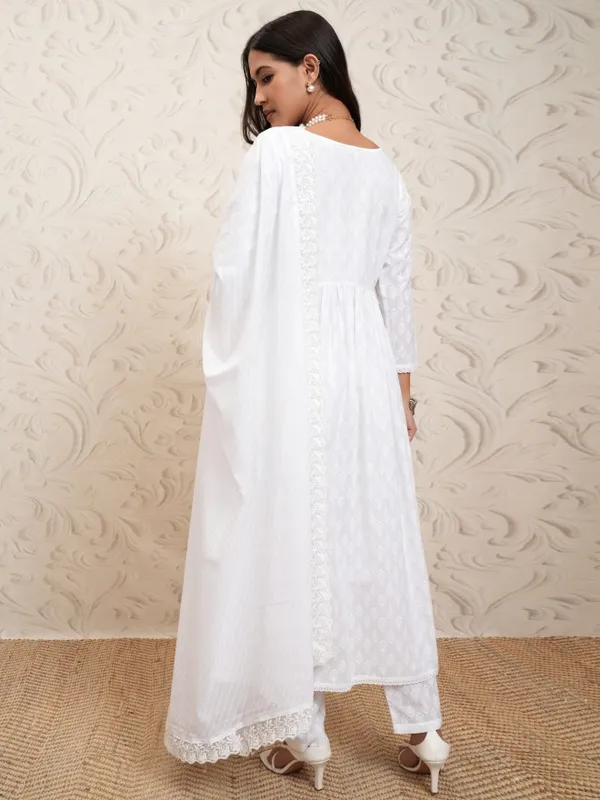 Vishudh Women White Printed Gathered Kurta With Pants And Dupatta