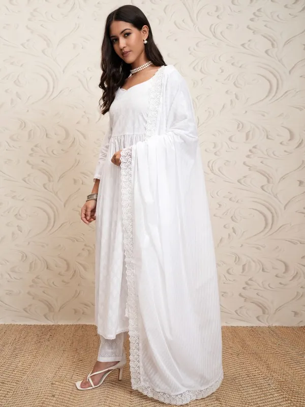 Vishudh Women White Printed Gathered Kurta With Pants And Dupatta