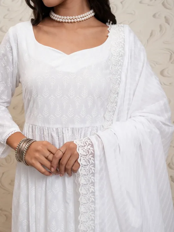 Vishudh Women White Printed Gathered Kurta With Pants And Dupatta