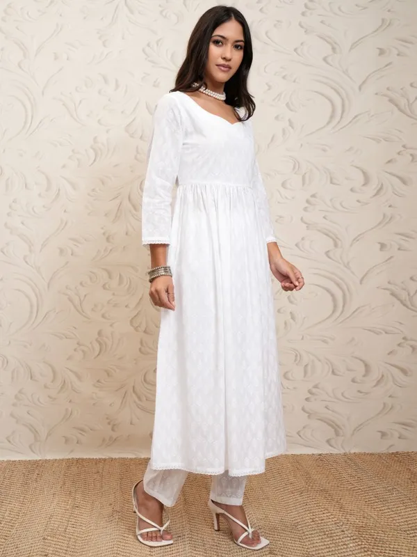 Vishudh Women White Printed Gathered Kurta With Pants And Dupatta
